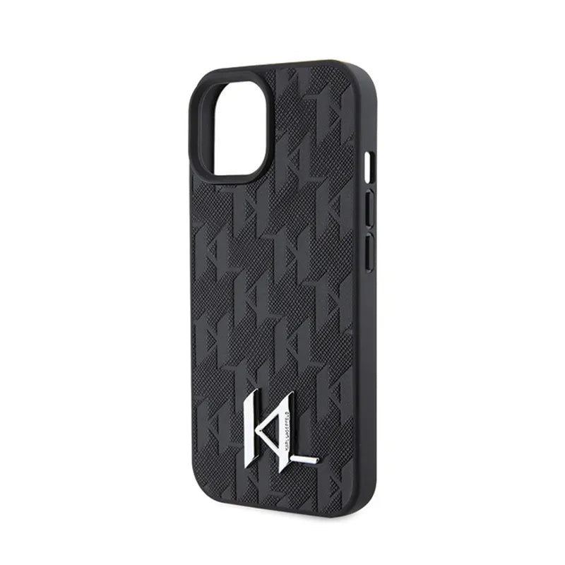 Karl Lagerfeld Odinė Monograma, Karštu Būdu Įspaustas Metalo Logotipas - Dėklas iPhone 15 (juodas)