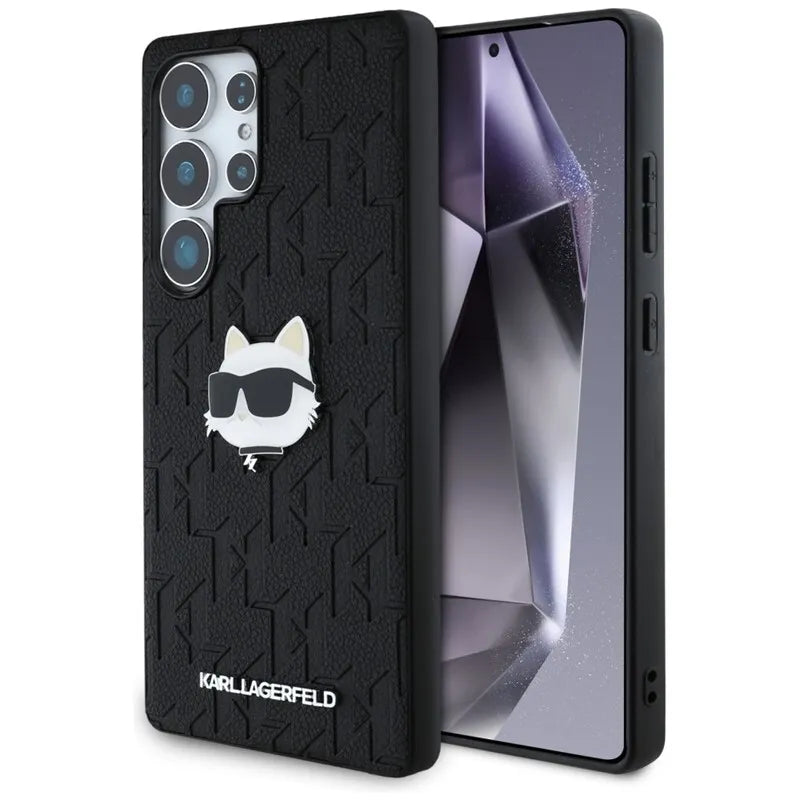 Karl Lagerfeld odinio monograma smeigtukas su „Choupette“ galva – dėklas, skirtas „Samsung Galaxy S25 Ultra“ (juodas)