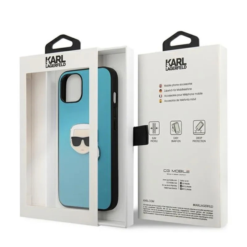 Karl Lagerfeld PU Leather Karl's Head Metal - dėklas iPhone 13 mini (mėlynas)