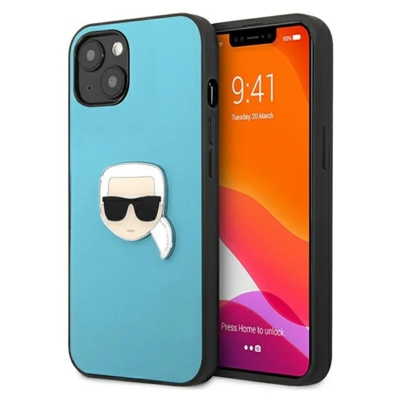 Karl Lagerfeld PU Leather Karl's Head Metal - dėklas iPhone 13 mini (mėlynas)