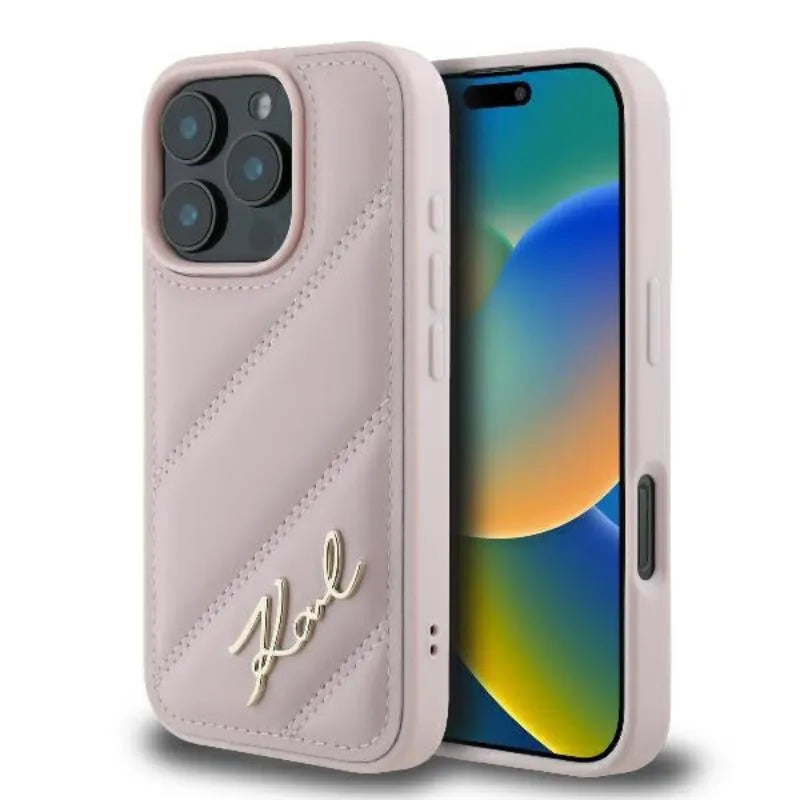 Karl Lagerfeld Quilted Signature – dėklas, skirtas iPhone 16 Pro (rožinės spalvos)