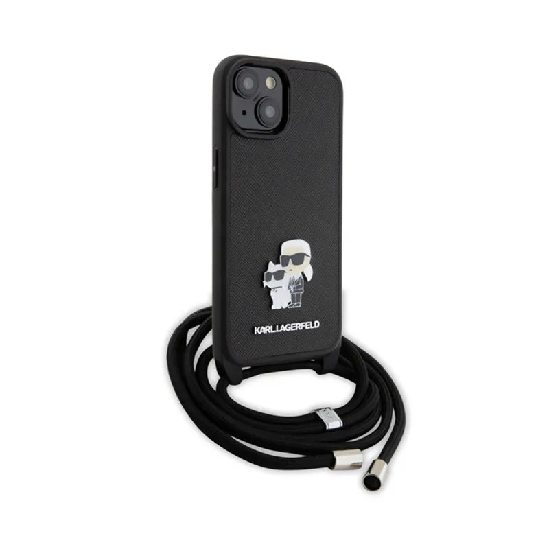 Karl Lagerfeld Rankinukas/Dėklas Saffiano su metaliniu segtuku Karl & Choupette, skirtas iPhone 15 Plus (Juodas)