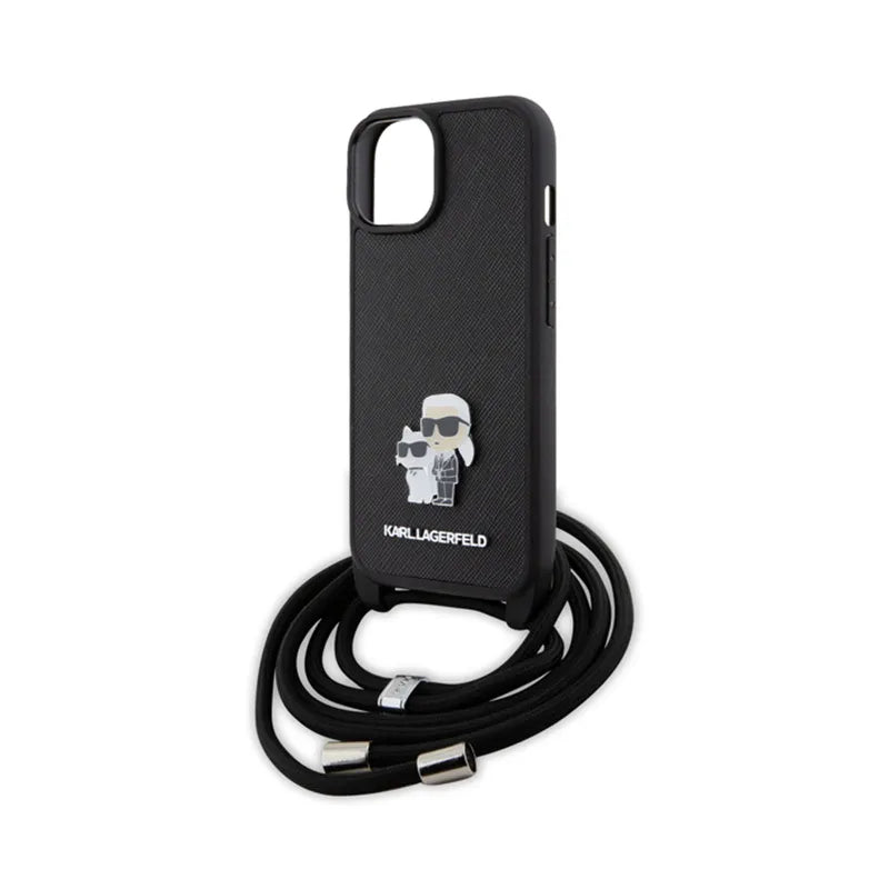 Karl Lagerfeld Rankinukas/Dėklas Saffiano su metaliniu segtuku Karl & Choupette, skirtas iPhone 15 Plus (Juodas)