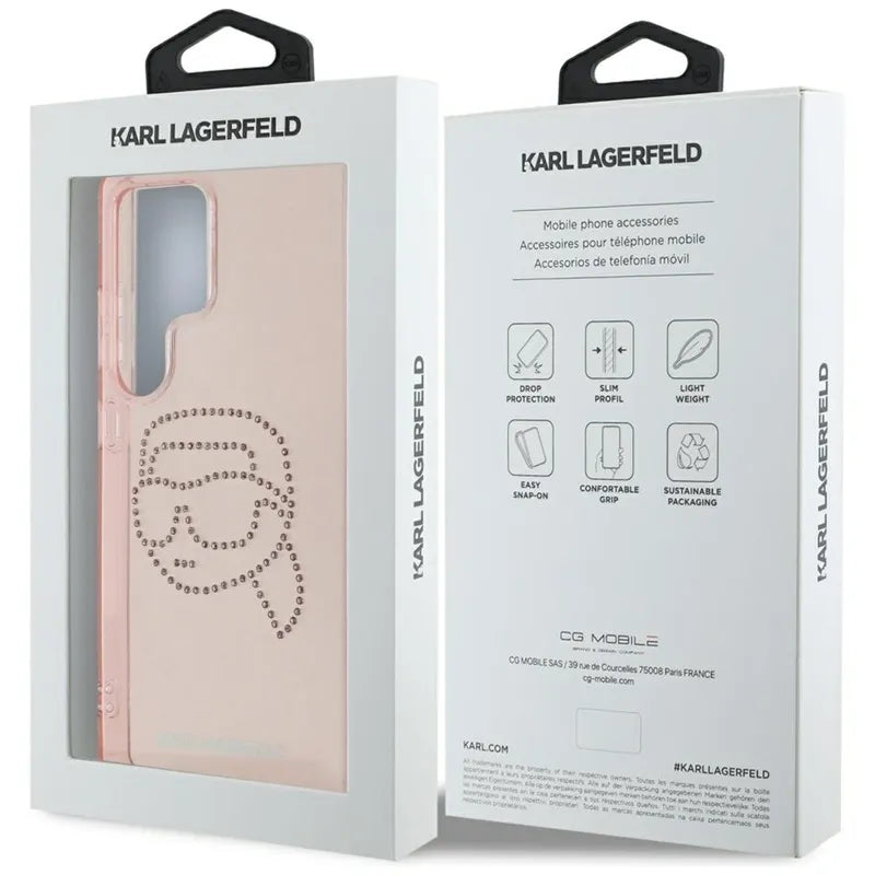 Karl Lagerfeld Rhinestones Karl Head Logo – dėklas, skirtas „Samsung Galaxy S25 Ultra“ (rožinė)