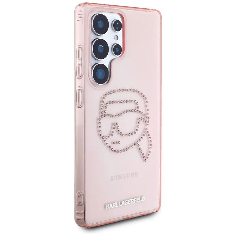 Karl Lagerfeld Rhinestones Karl Head Logo – dėklas, skirtas „Samsung Galaxy S25 Ultra“ (rožinė)