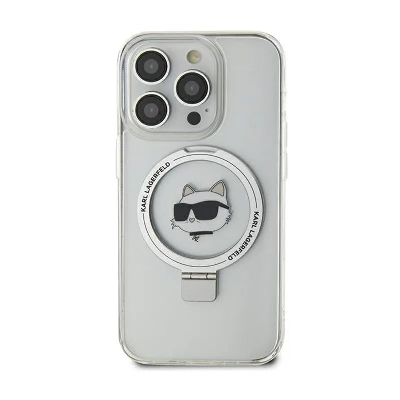 Karl Lagerfeld Ring Stand Choupette Head MagSafe - „iPhone 15 Pro Max“ dėklas (baltas)