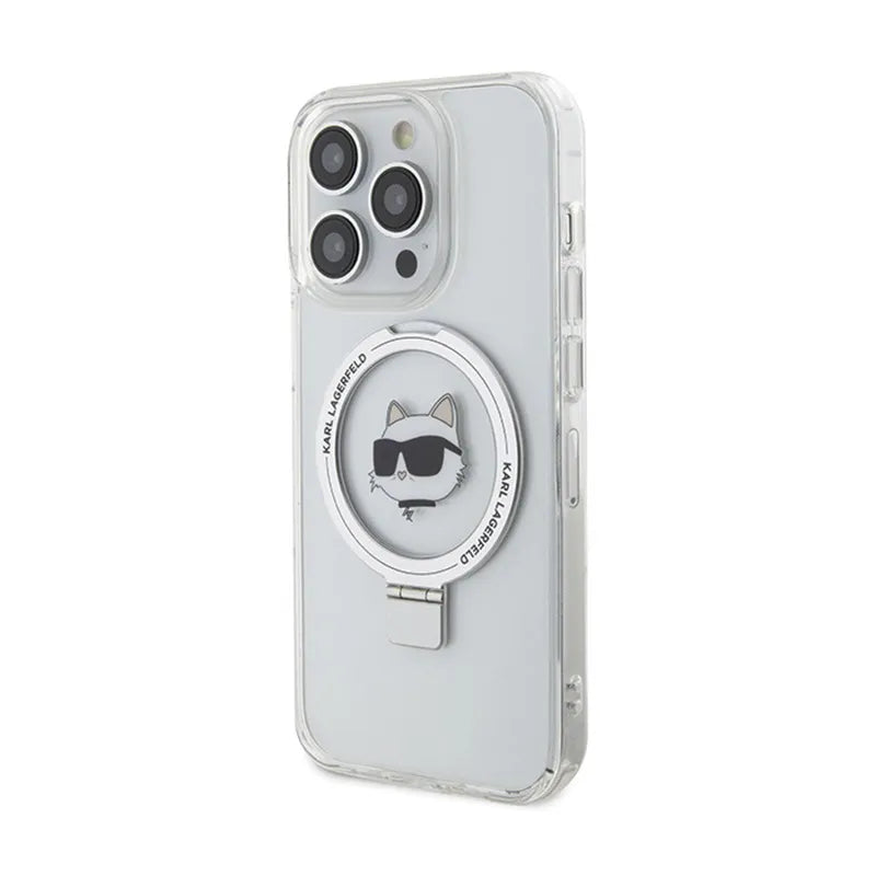 Karl Lagerfeld Ring Stand Choupette Head MagSafe - „iPhone 15 Pro Max“ dėklas (baltas)