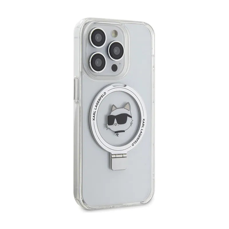 Karl Lagerfeld Ring Stand Choupette Head MagSafe - „iPhone 15 Pro Max“ dėklas (baltas)
