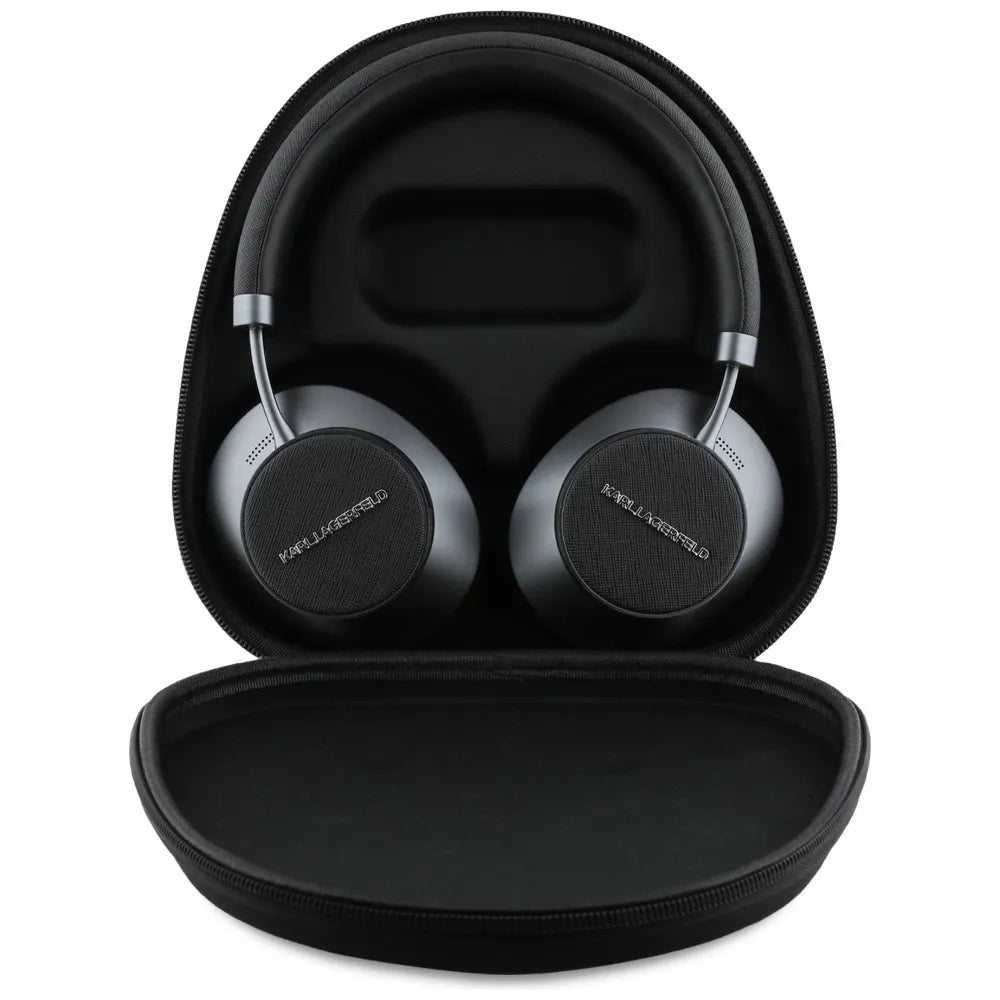 Karl Lagerfeld Saffiano Elongated – Belaidės „Bluetooth“ ANC + ENC viršgalvio ausinės (juodos)