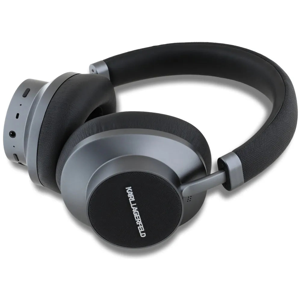 Karl Lagerfeld Saffiano Elongated – Belaidės „Bluetooth“ ANC + ENC viršgalvio ausinės (juodos)
