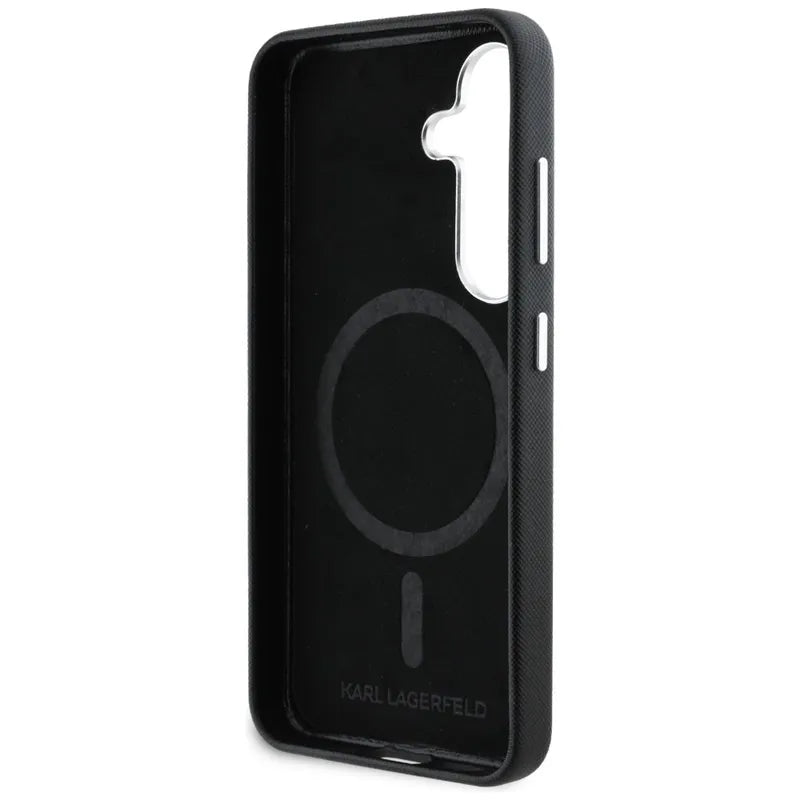 Karl Lagerfeld Saffiano Full Wrapped Elongated Metal Logo MagSafe – dėklas Samsung Galaxy S25 (juodas)