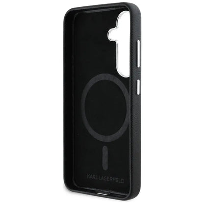 Karl Lagerfeld Saffiano Full Wrapped Elongated Metal Logo MagSafe – dėklas Samsung Galaxy S25 (juodas)