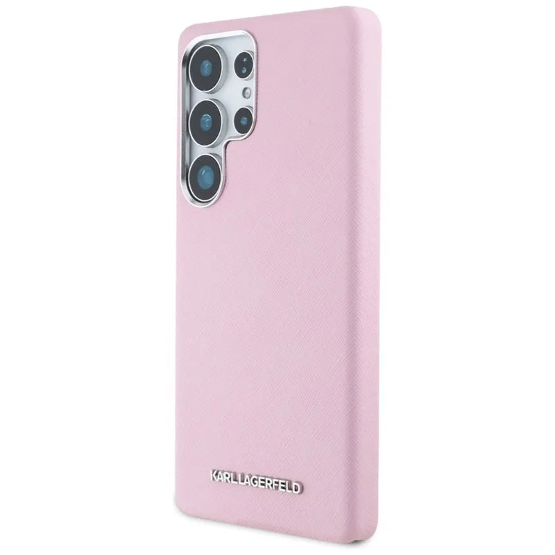 Karl Lagerfeld Saffiano Full Wrapped Elongated Metal Logo MagSafe – Dėklas Samsung Galaxy S25 Ultra (rožinis)