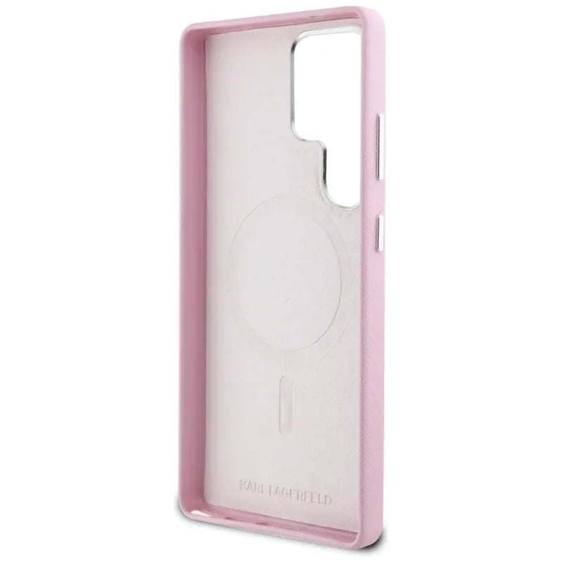 Karl Lagerfeld Saffiano Full Wrapped Elongated Metal Logo MagSafe – Dėklas Samsung Galaxy S25 Ultra (rožinis)