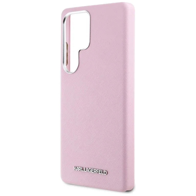 Karl Lagerfeld Saffiano Full Wrapped Elongated Metal Logo MagSafe – Dėklas Samsung Galaxy S25 Ultra (rožinis)