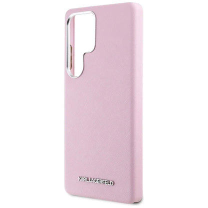 Karl Lagerfeld Saffiano Full Wrapped Elongated Metal Logo MagSafe – Dėklas Samsung Galaxy S25 Ultra (rožinis)
