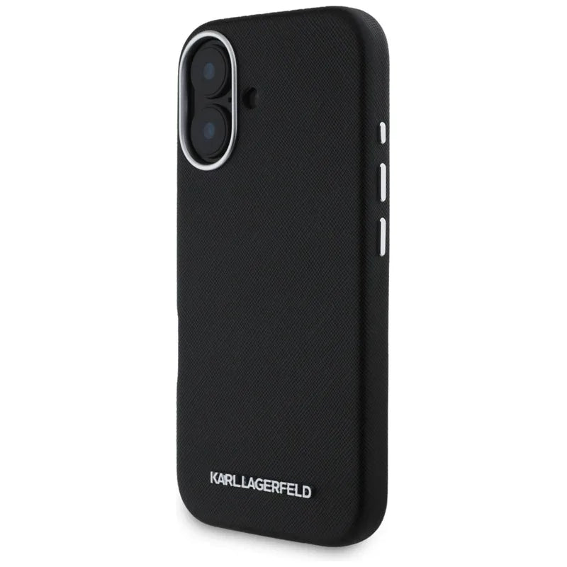 Karl Lagerfeld Saffiano Full Wrapped Elongated Metal Logo MagSafe – dėklas, skirtas iPhone 16 (juodas)