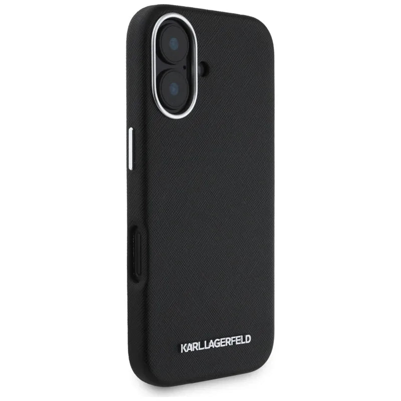 Karl Lagerfeld Saffiano Full Wrapped Elongated Metal Logo MagSafe – dėklas, skirtas iPhone 16 (juodas)