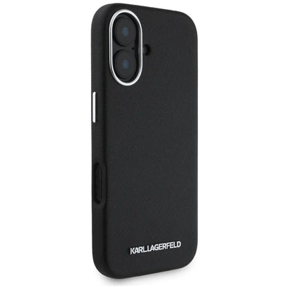 Karl Lagerfeld Saffiano Full Wrapped Elongated Metal Logo MagSafe – dėklas, skirtas iPhone 16 (juodas)