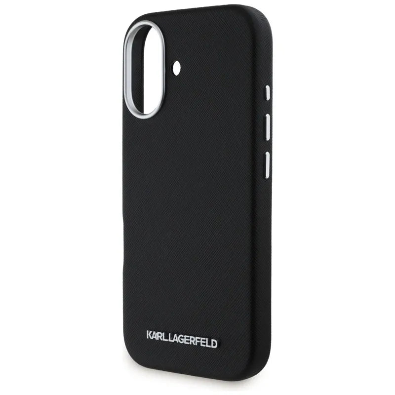 Karl Lagerfeld Saffiano Full Wrapped Elongated Metal Logo MagSafe – dėklas, skirtas iPhone 16 (juodas)