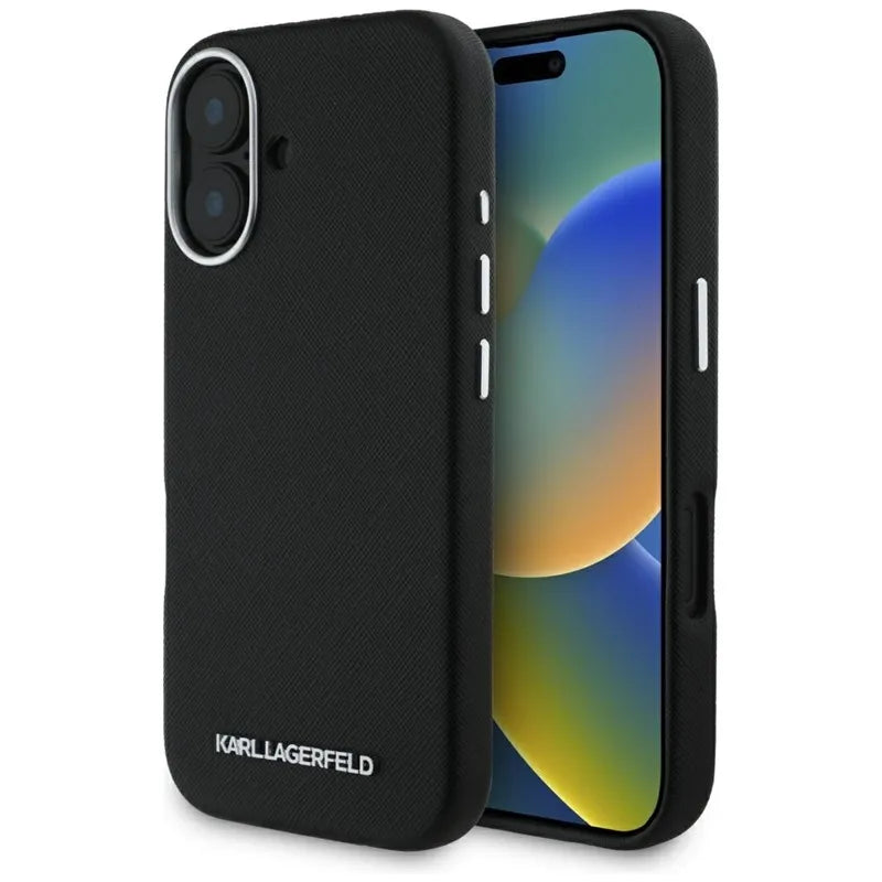 Karl Lagerfeld Saffiano Full Wrapped Elongated Metal Logo MagSafe – dėklas, skirtas iPhone 16 (juodas)