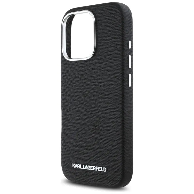 Karl Lagerfeld Saffiano Full Wrapped Elongated Metal Logo MagSafe – dėklas, skirtas „iPhone 16 Pro“ (juodas)