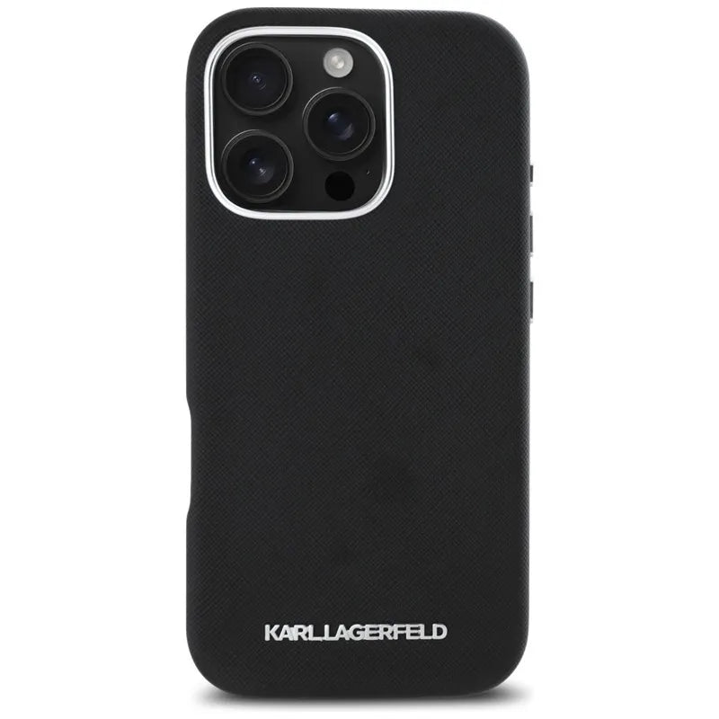 Karl Lagerfeld Saffiano Full Wrapped Elongated Metal Logo MagSafe – dėklas, skirtas „iPhone 16 Pro“ (juodas)