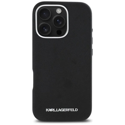 Karl Lagerfeld Saffiano Full Wrapped Elongated Metal Logo MagSafe – dėklas, skirtas „iPhone 16 Pro“ (juodas)