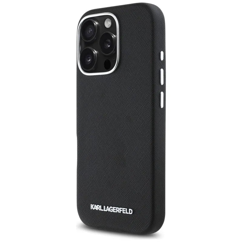 Karl Lagerfeld Saffiano Full Wrapped Elongated Metal Logo MagSafe – dėklas, skirtas „iPhone 16 Pro“ (juodas)
