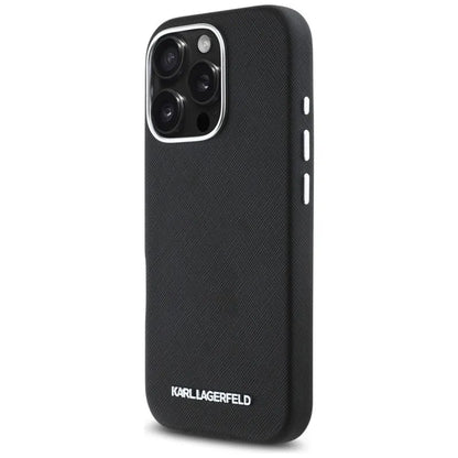 Karl Lagerfeld Saffiano Full Wrapped Elongated Metal Logo MagSafe – dėklas, skirtas „iPhone 16 Pro“ (juodas)