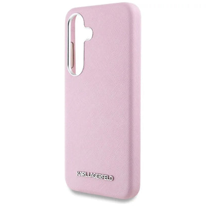 Karl Lagerfeld Saffiano „Full Wrapped Elongated Metal Logo MagSafe“ – „Samsung Galaxy S25“ dėklas (rožinė)