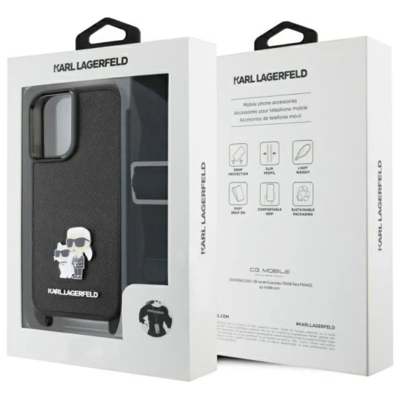 Karl Lagerfeld Saffiano Karl & Choupette Metal Pin CBDY Strap – dėklas iPhone 16 (juodas)