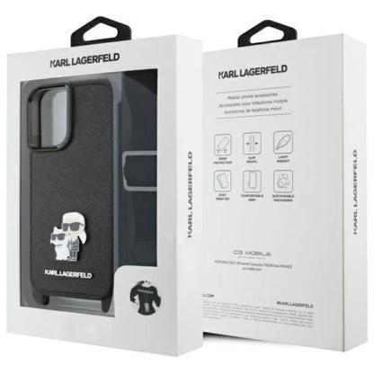 Karl Lagerfeld Saffiano Karl & Choupette Metal Pin CBDY Strap – dėklas iPhone 16 (juodas)