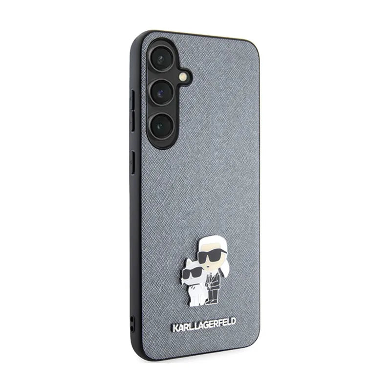 Karl Lagerfeld Saffiano Karl & Choupette Metal Pin - Samsung Galaxy S24 dėklas (pilkas)