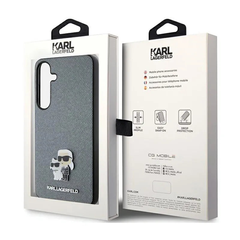 Karl Lagerfeld Saffiano Karl & Choupette Metal Pin – Samsung Galaxy S24+ dėklas (pilkas)