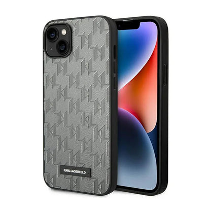 Karl Lagerfeld Saffiano Mono Metal Logo – dėklas, skirtas iPhone 14 Plus (pilkas)