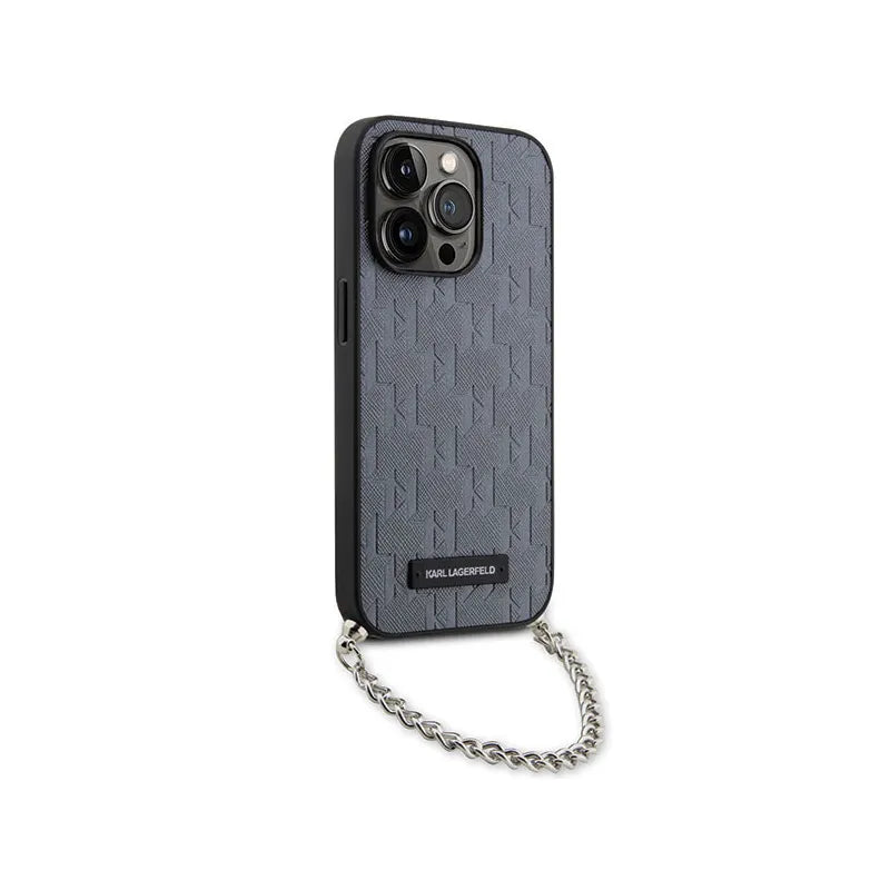 Karl Lagerfeld Saffiano Monogram Chain - dėklas, skirtas „iPhone 14 Pro“ (sidabrinis)