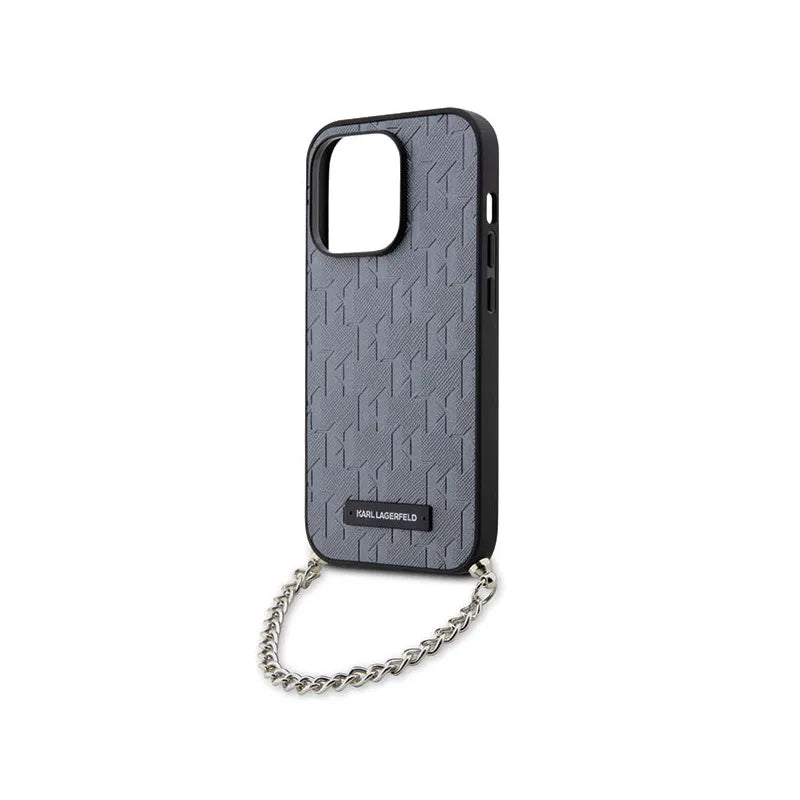 Karl Lagerfeld Saffiano Monogram Chain - dėklas, skirtas „iPhone 14 Pro“ (sidabrinis)