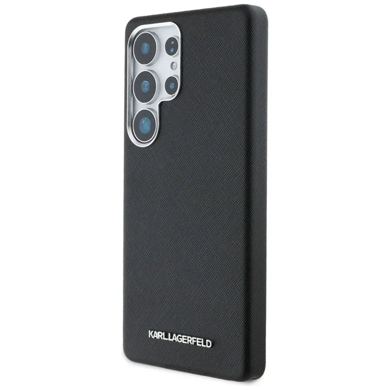 Karl Lagerfeld Saffiano pilnai apgaubtas ilgas metalinis logotipas MagSafe – dėklas Samsung Galaxy S25 Ultra (juodas)