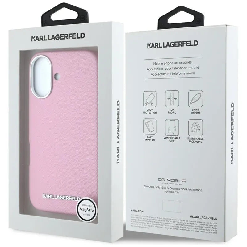 Karl Lagerfeld Saffiano Pilnai Apgaubtas Išilgintas Metalinis Logotipas MagSafe – Dėklas skirtas iPhone 16 (rožinis)