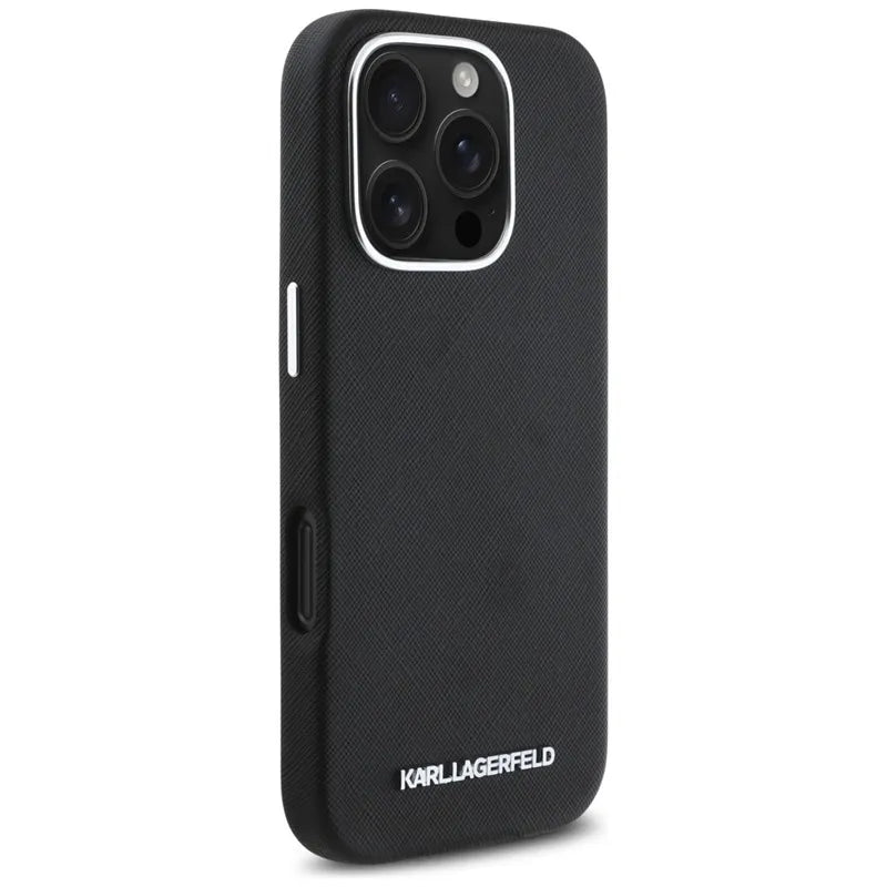 Karl Lagerfeld Saffiano Pilnai Aptrauktas Išilgintas Metalinis Logotipas MagSafe - Dėklas, skirtas iPhone 16 Pro Max (juodas)