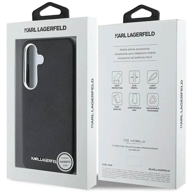 Karl Lagerfeld Safiano Pilnai Apgaubtas Ilgintas Metalinis Logotipas MagSafe – Dėklas, skirtas Samsung Galaxy S25+ (juodas)