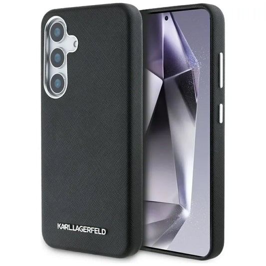 Karl Lagerfeld Safiano Pilnai Apgaubtas Ilgintas Metalinis Logotipas MagSafe – Dėklas, skirtas Samsung Galaxy S25+ (juodas)