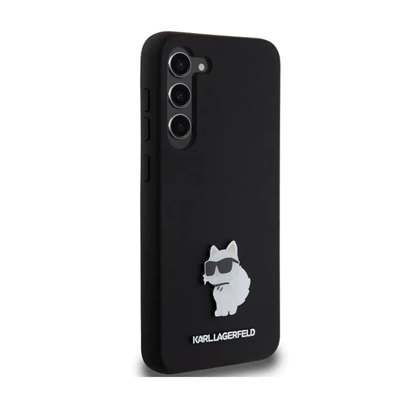 Karl Lagerfeld Silicone Choupette Metal Pin - dėklas Samsung Galaxy S24+ (juodas)