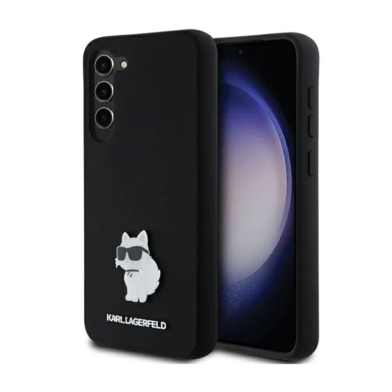 Karl Lagerfeld Silicone Choupette Metal Pin - dėklas Samsung Galaxy S24+ (juodas)