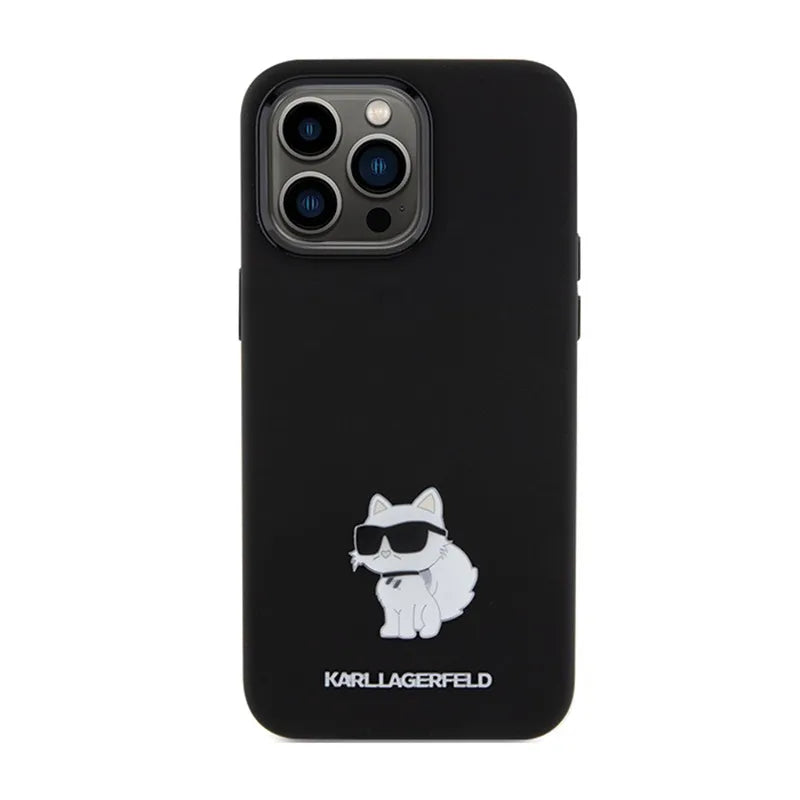 Karl Lagerfeld Silicone Choupette Metal Pin – iPhone 15 Pro Max dėklas (juodas)