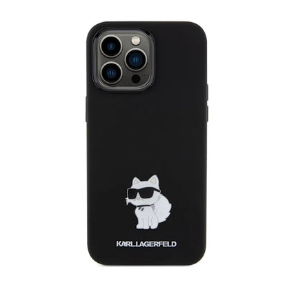 Karl Lagerfeld Silicone Choupette Metal Pin – iPhone 15 Pro Max dėklas (juodas)