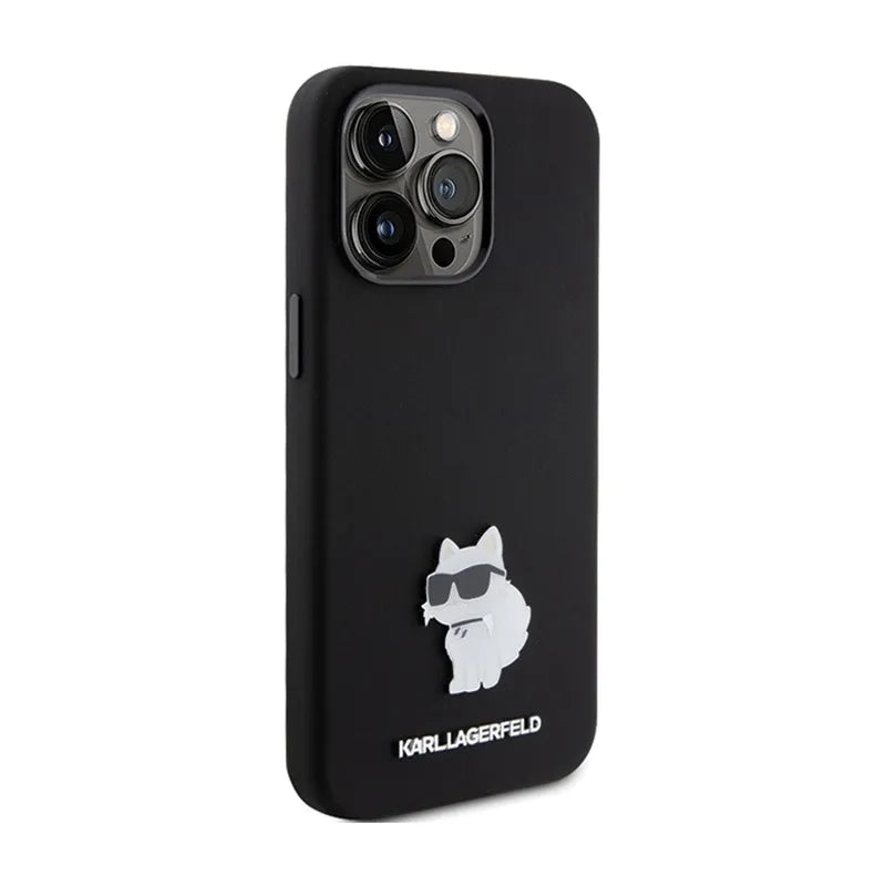 Karl Lagerfeld Silicone Choupette Metal Pin – iPhone 15 Pro Max dėklas (juodas)