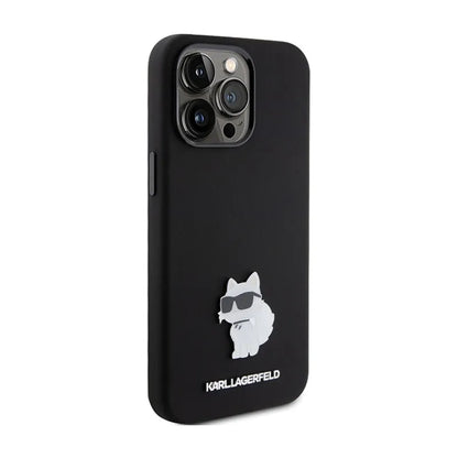 Karl Lagerfeld Silicone Choupette Metal Pin – iPhone 15 Pro Max dėklas (juodas)
