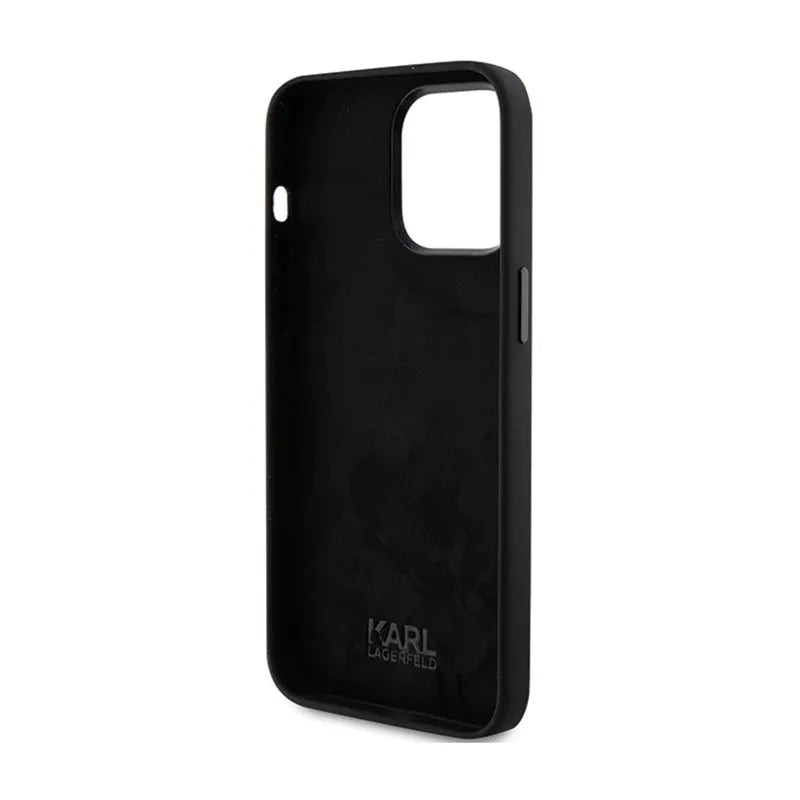 Karl Lagerfeld Silicone Choupette Metal Pin – iPhone 15 Pro Max dėklas (juodas)